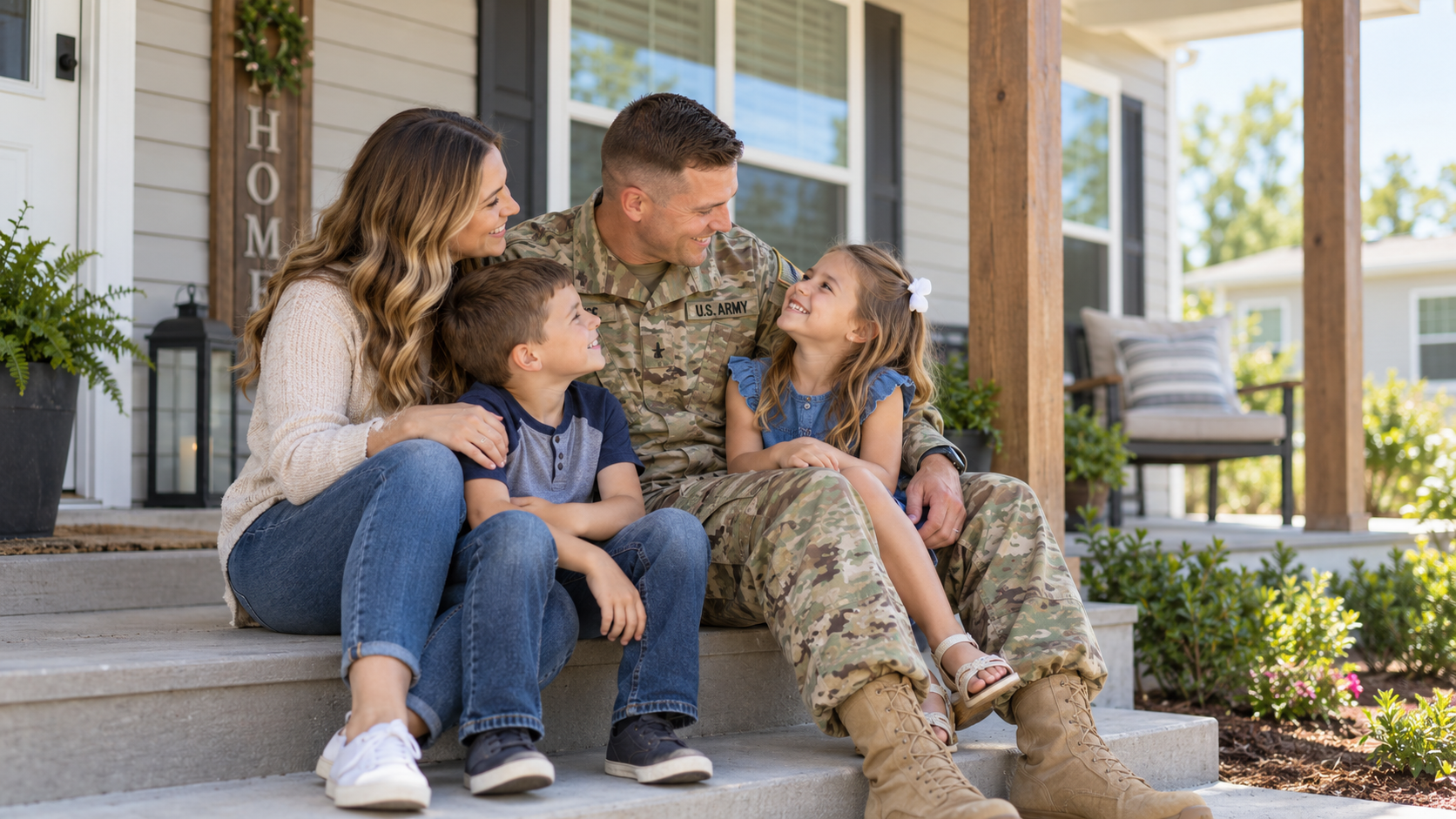 military veteran family outside manufactured home