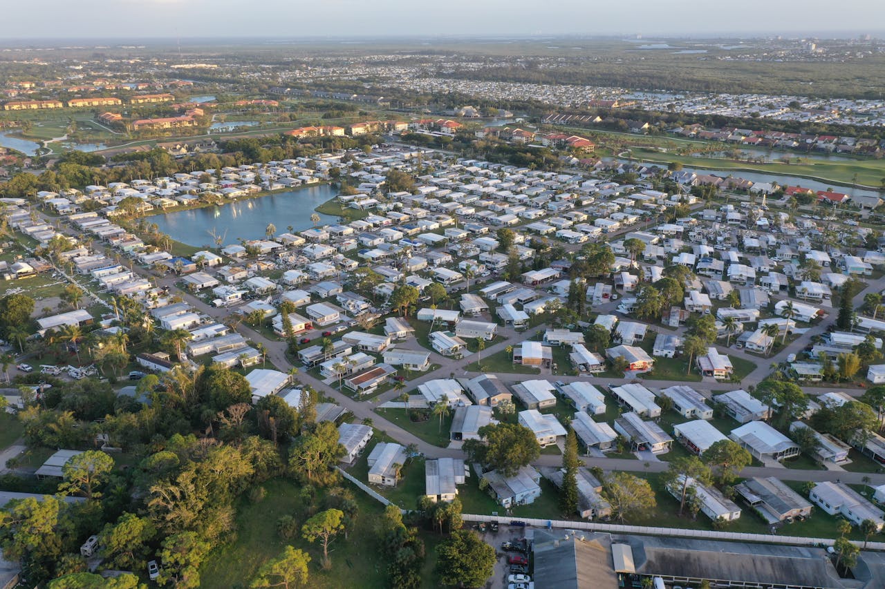 aerial shot of houses in town