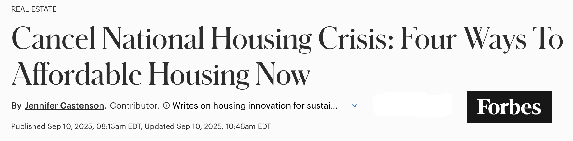 Forbes article: Cancel National Housing Crisis — Four Ways to Affordable Housing Now