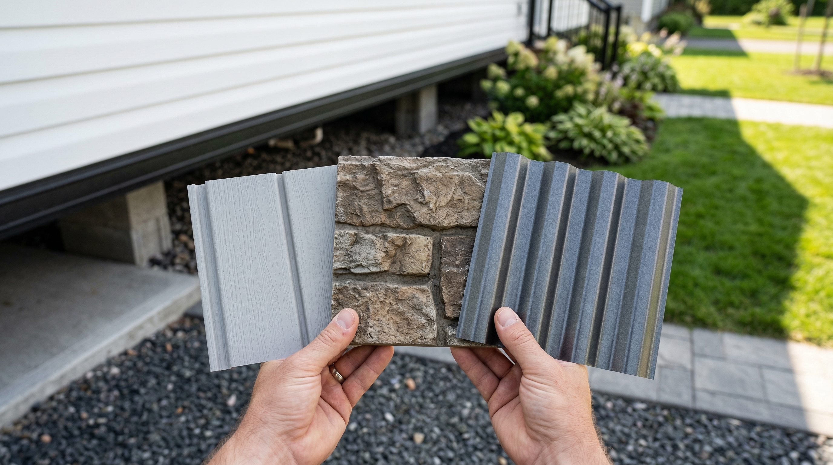 homeowner comparing different mobile home skirting material samples beside the base of a manufactured home