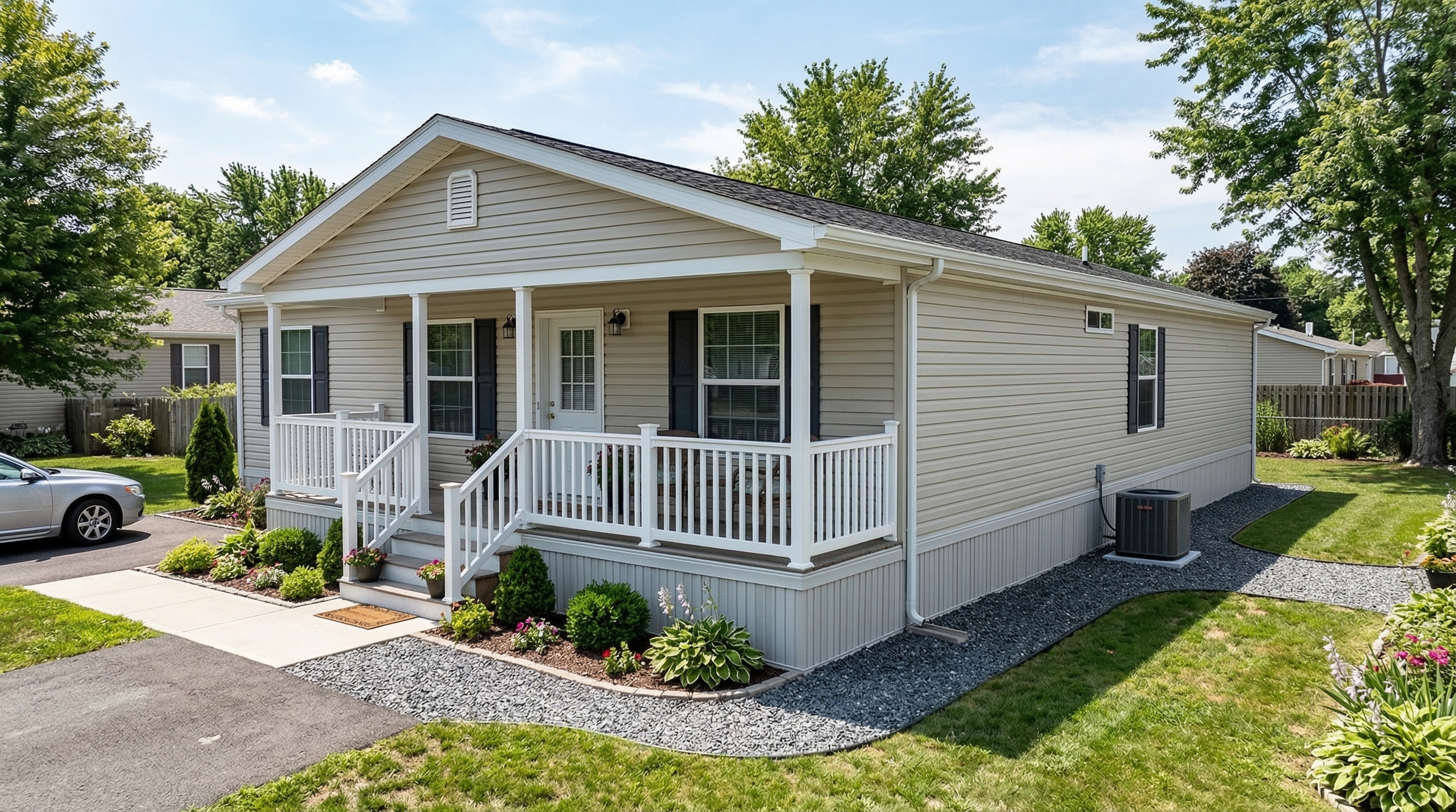manufactured home exterior showing skirting installed along the base of the home