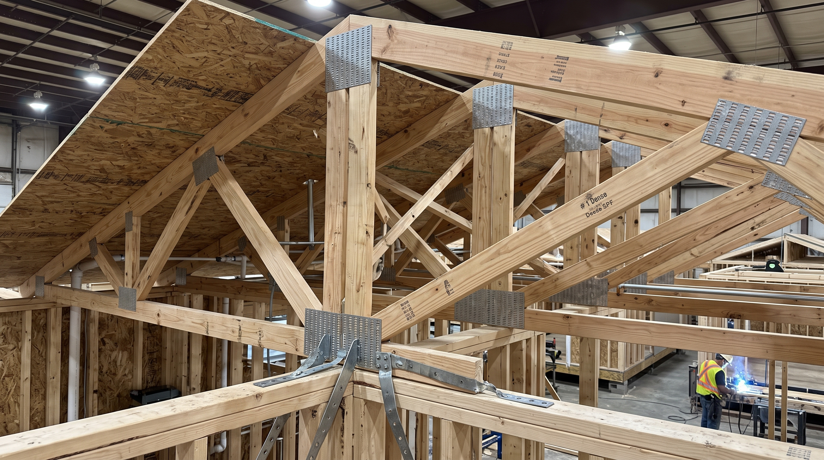 Close-up of reinforced roof trusses used in North Zone manufactured homes to meet 40 psf requirements