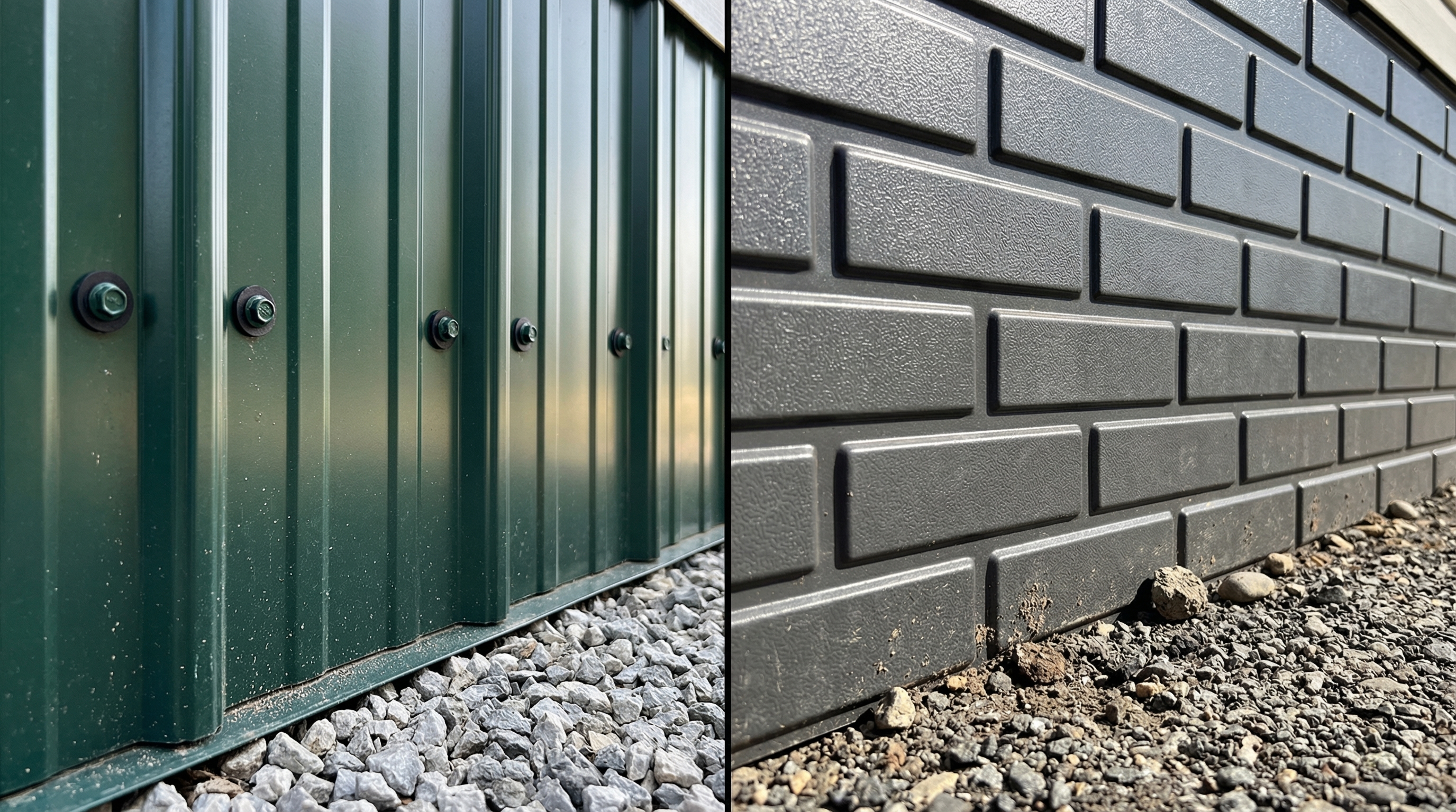 side-by-side close-up of dark green ribbed metal skirting and charcoal gray brick-stamped metal skirting installed along the base of a manufactured mobile home