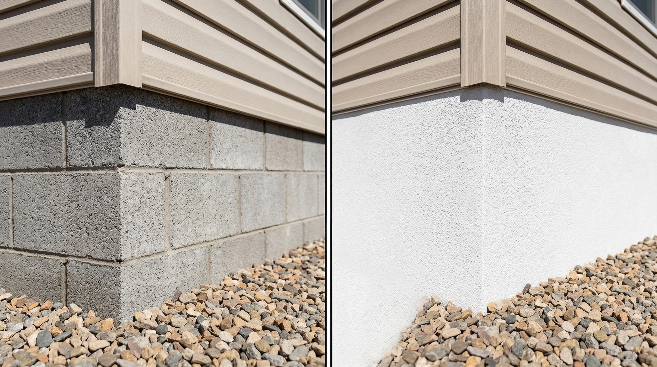 side-by-side close-up of gray cinder block skirting and smooth white stucco skirting installed along the base of a manufactured mobile home