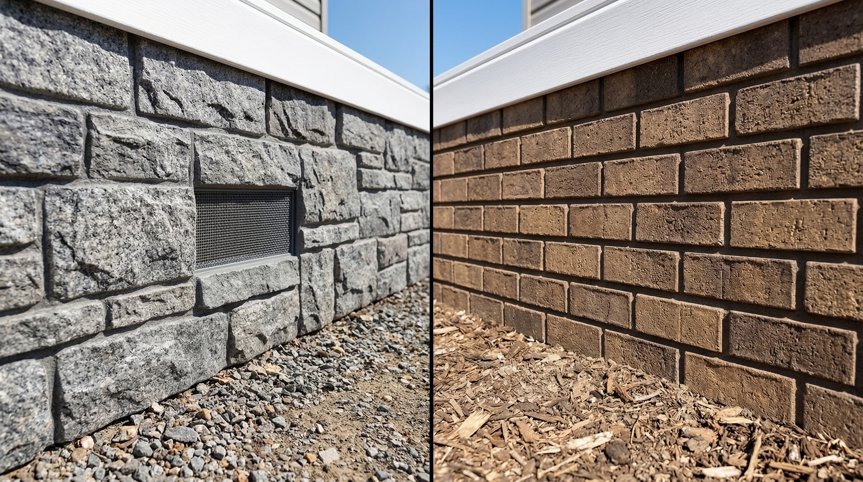 side-by-side close-up of gray faux stone skirting and warm brown faux brick skirting installed along the base of a manufactured mobile home