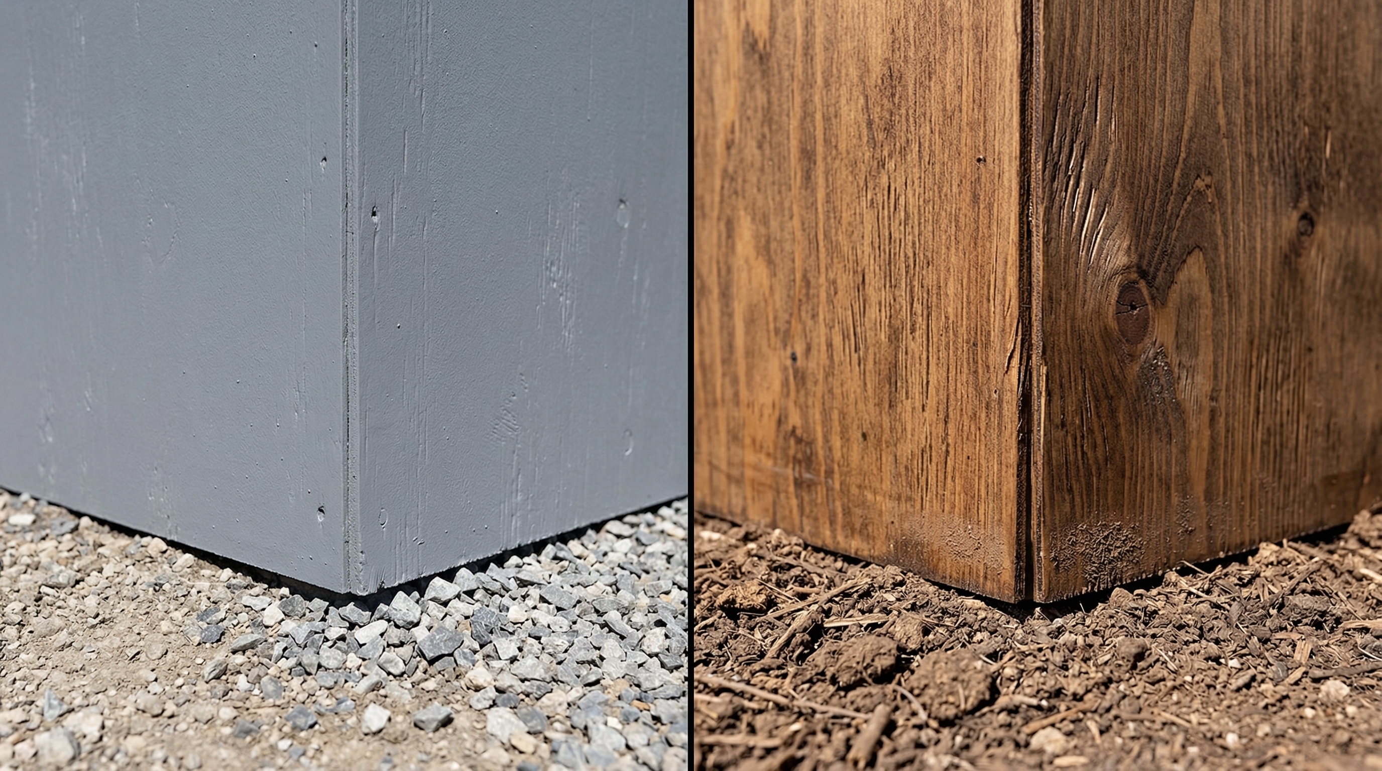side-by-side close-up of gray painted plywood skirting and brown stained wood skirting installed along the base of a manufactured mobile home