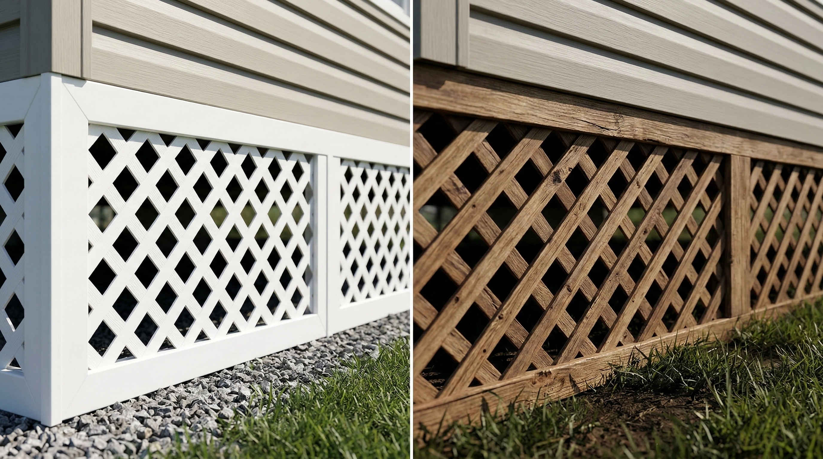 side-by-side close-up of white vinyl lattice skirting and natural wood lattice skirting installed along the base of a manufactured mobile home