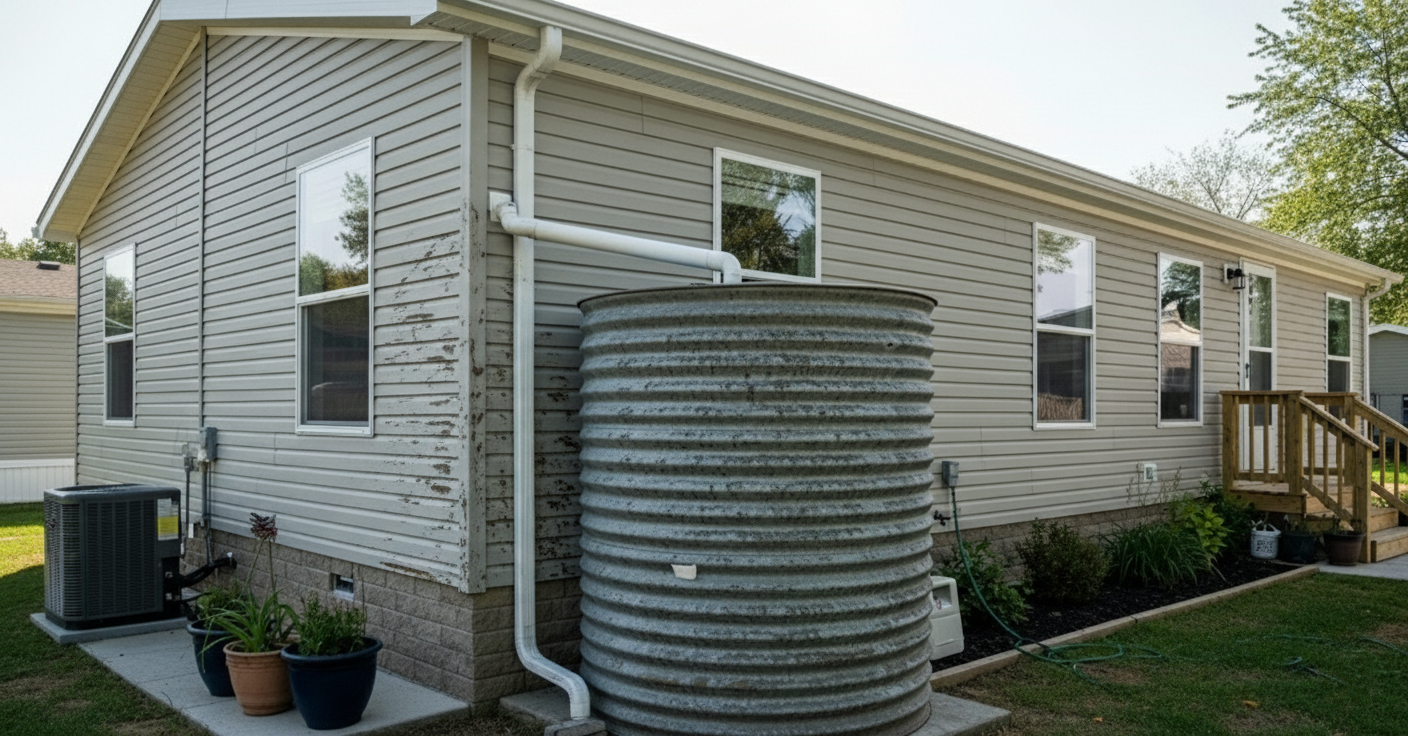 single-storey modular mobile home with a corrugated metal rainwater collection tank