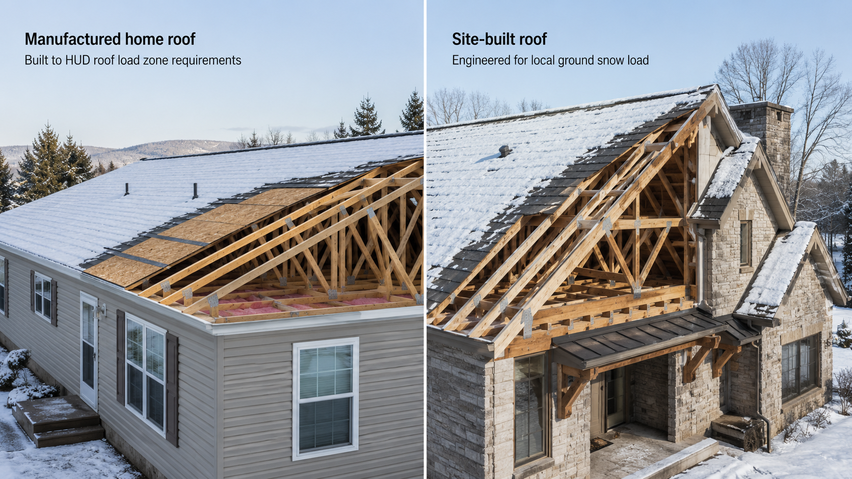 Side-by-side comparison of a manufactured home roof and a site-built roof engineered for local ground snow load