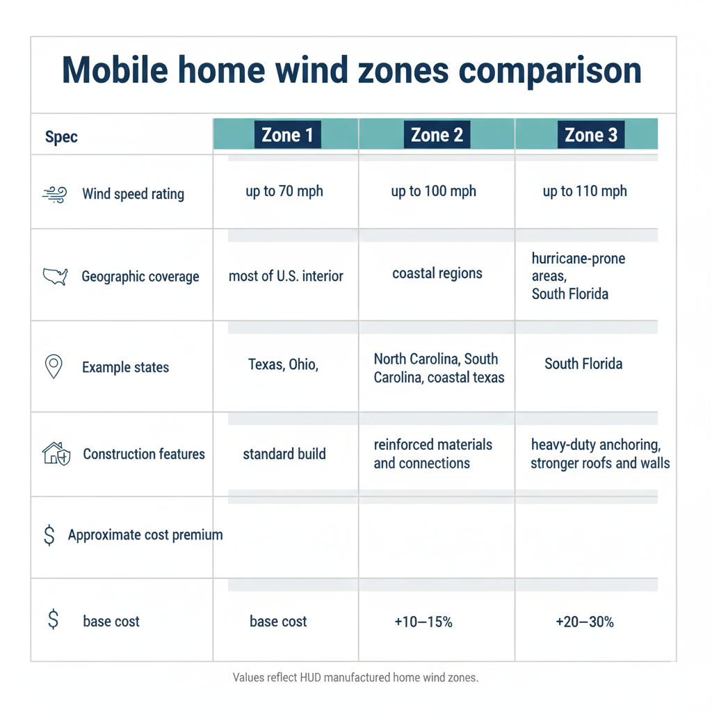 comparison table showing Zone 1 vs Zone 2 vs Zone 3 specifications including wind speed, typical locations, and key construction differences